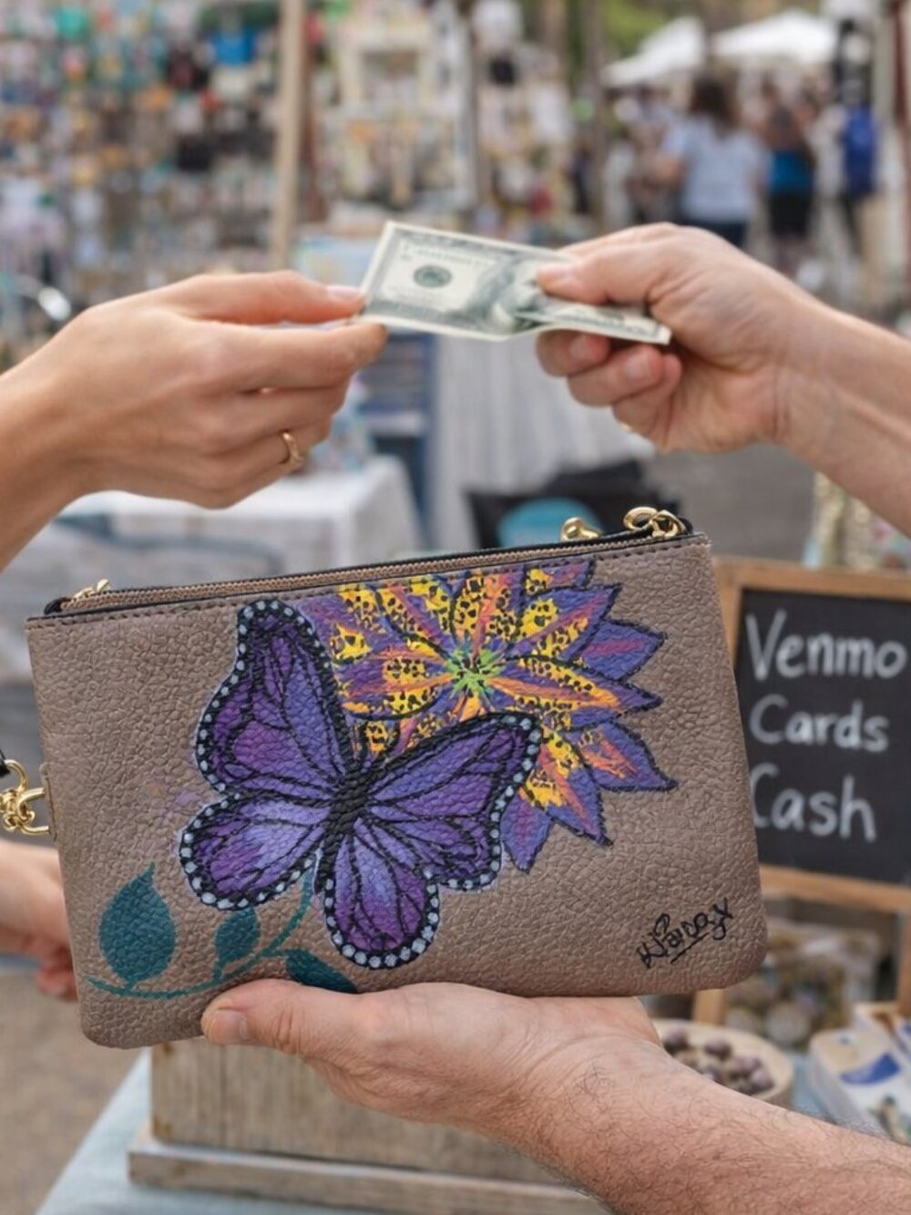 Artisan Taupe Tan Hand Painted Wristlet Clutch with Green & Purple Floral Accent